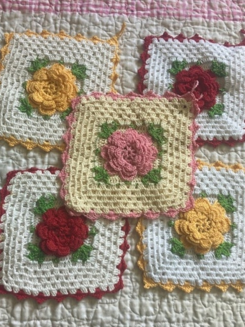 Cottagecore Handmade Crochet Irish Rose Squares  Pink, Yellow, Red, Cream, Green
